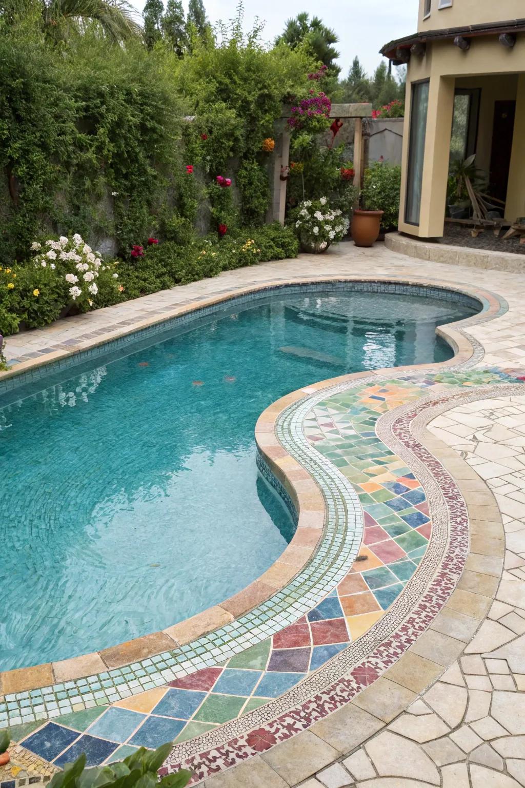 Mosaic tiles add a splash of color to this kidney-shaped pool.