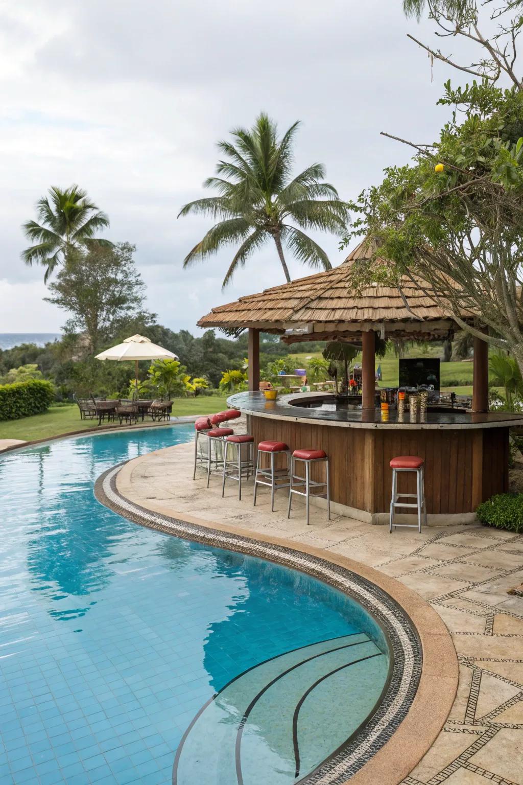 A swim-up bar adds a fun social element to this kidney-shaped pool.