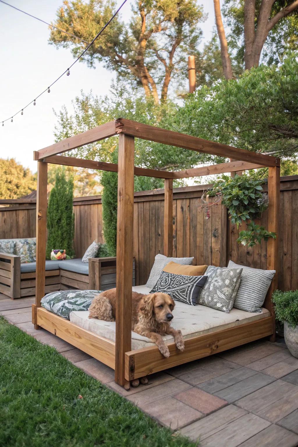 A wooden frame dog bed that complements the outdoor aesthetic.