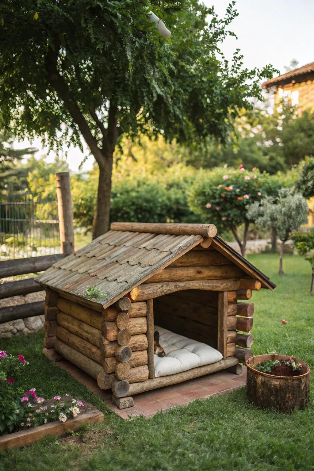 A log cabin dog bed blends with the natural surroundings.