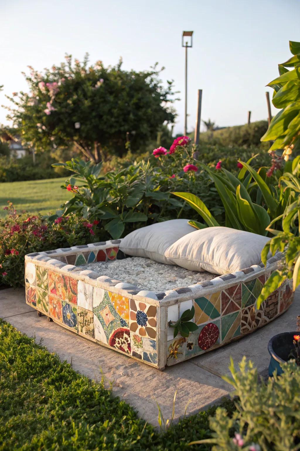 A mosaic bed adds artistic flair to your outdoor space.
