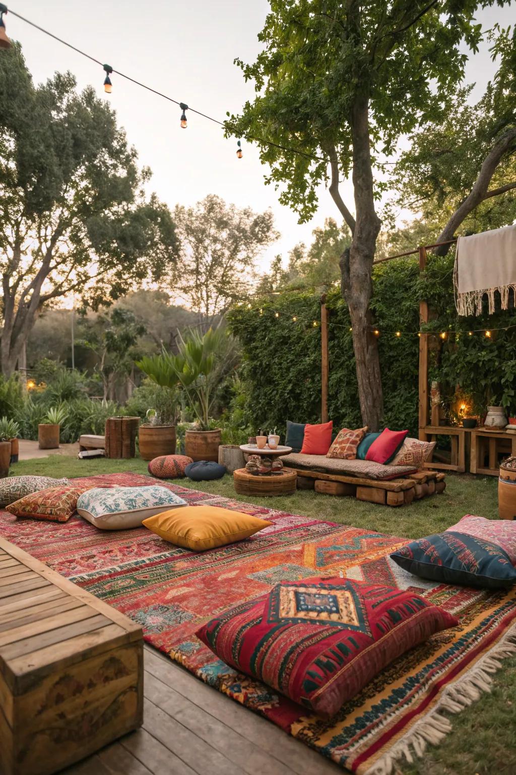 Create a cozy bohemian lounge with colorful decor.
