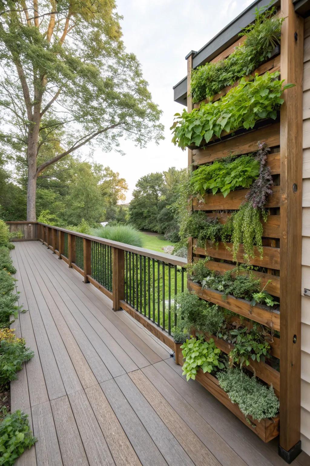 A creative vertical garden wall on the deck.