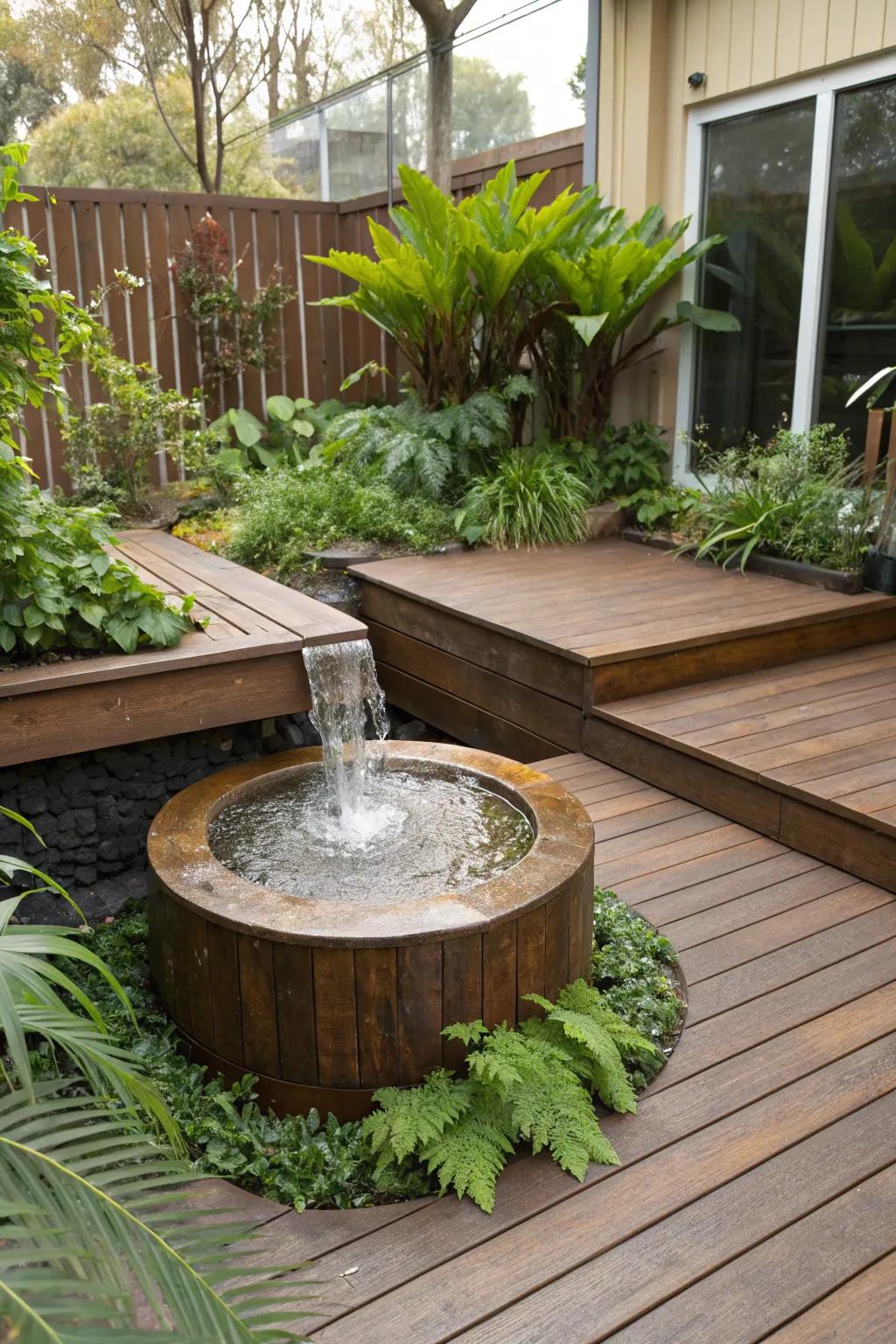 A calming water feature adding tranquility to the deck.