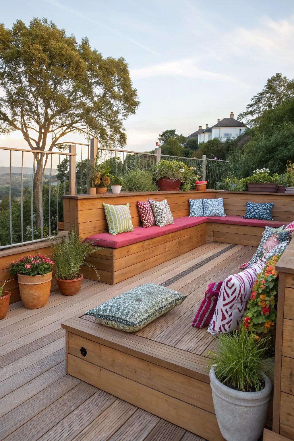 Integrated seating with wooden benches and cozy cushions.