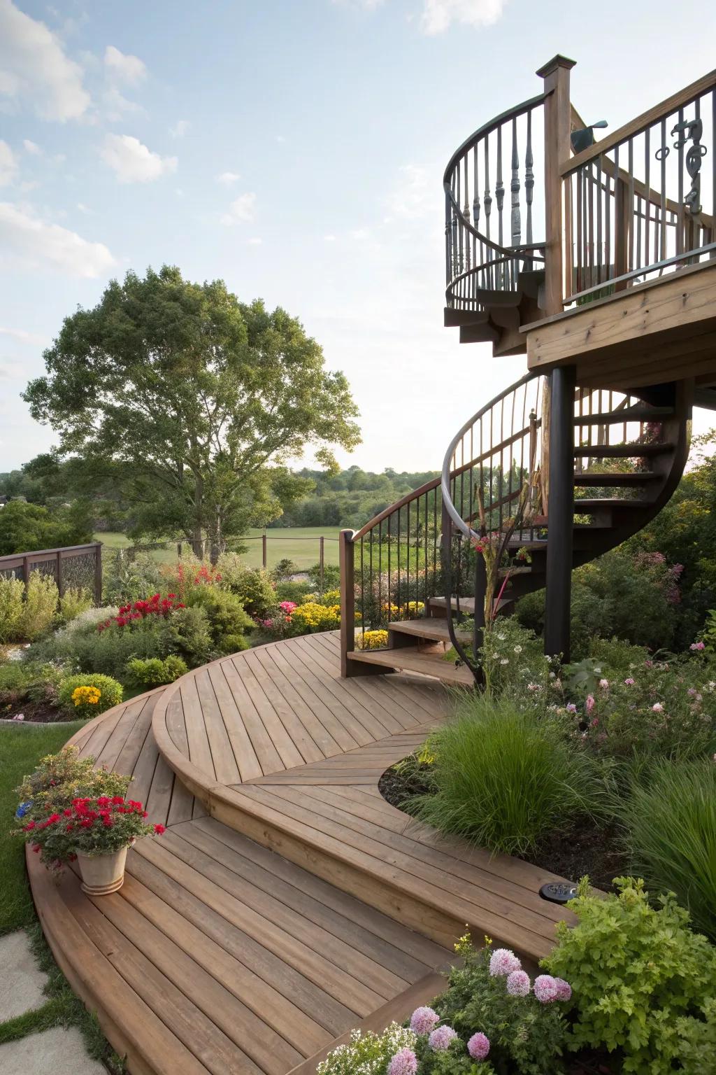 Elegant stairways connecting the deck to the garden.