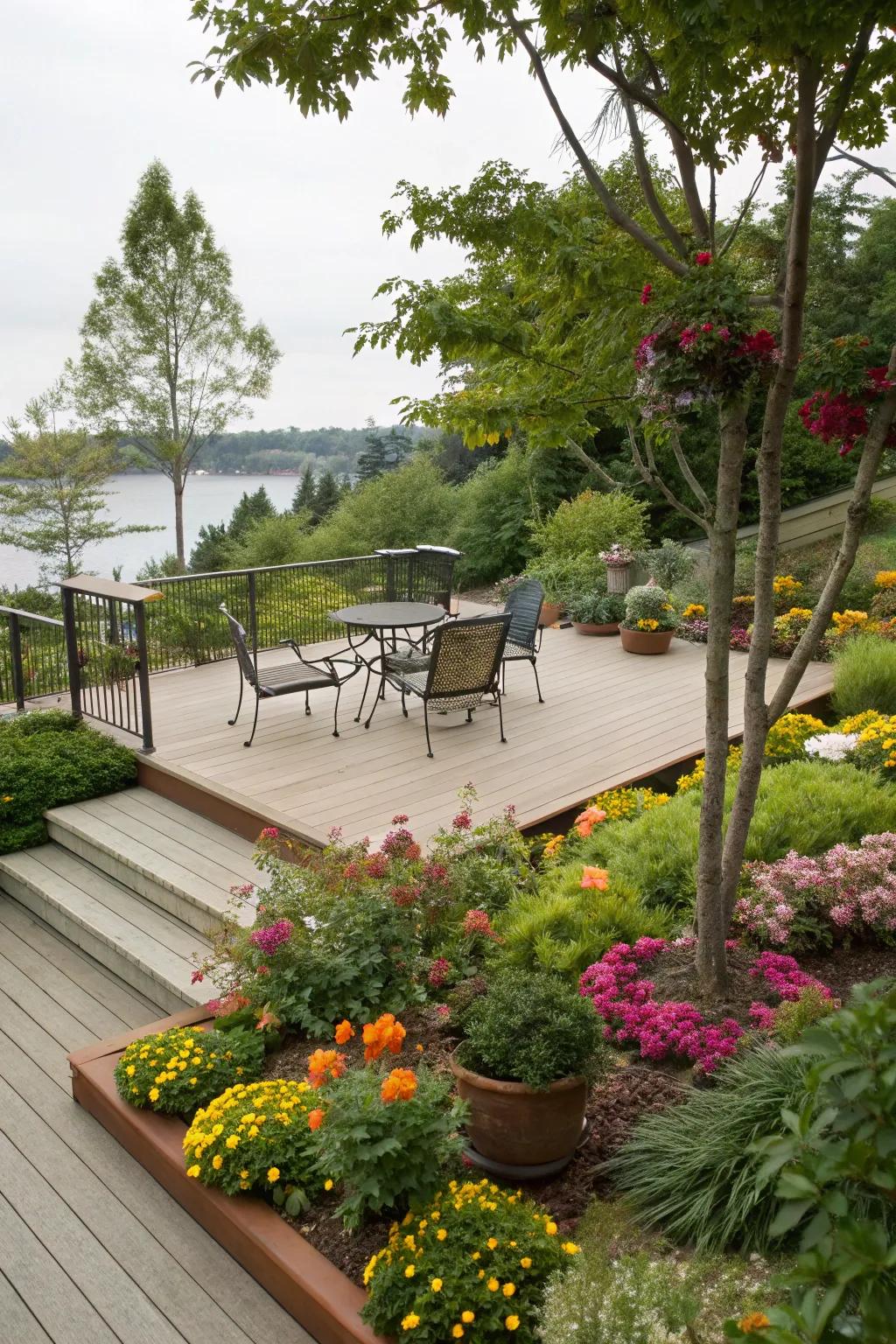 Lush greenery and colorful flower beds around a deck.