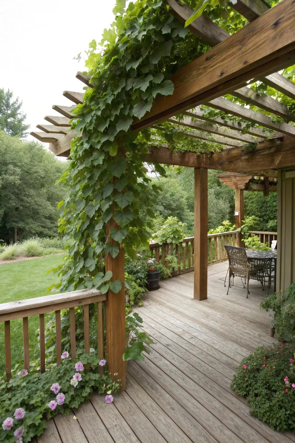 A stylish pergola with climbing ivy for natural shade.