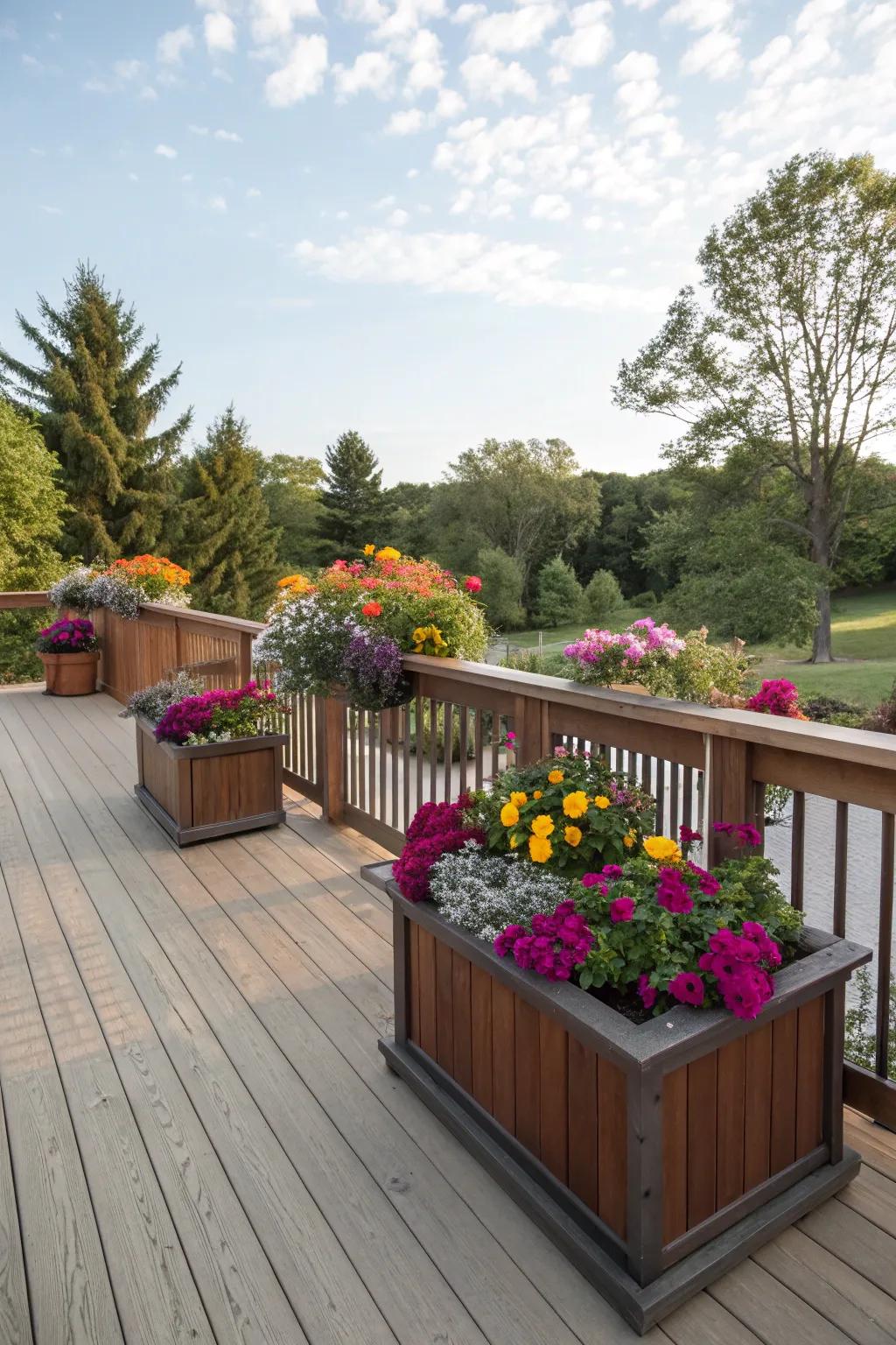 Vibrant plant combinations adding color to the deck.