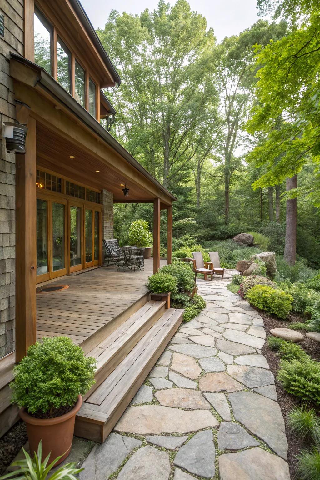 Stone pathway and wood elements for a rustic deck feel.