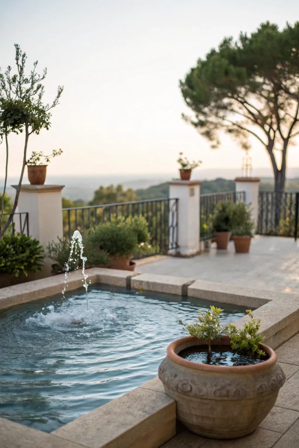 A water feature brings tranquility to the terrace.