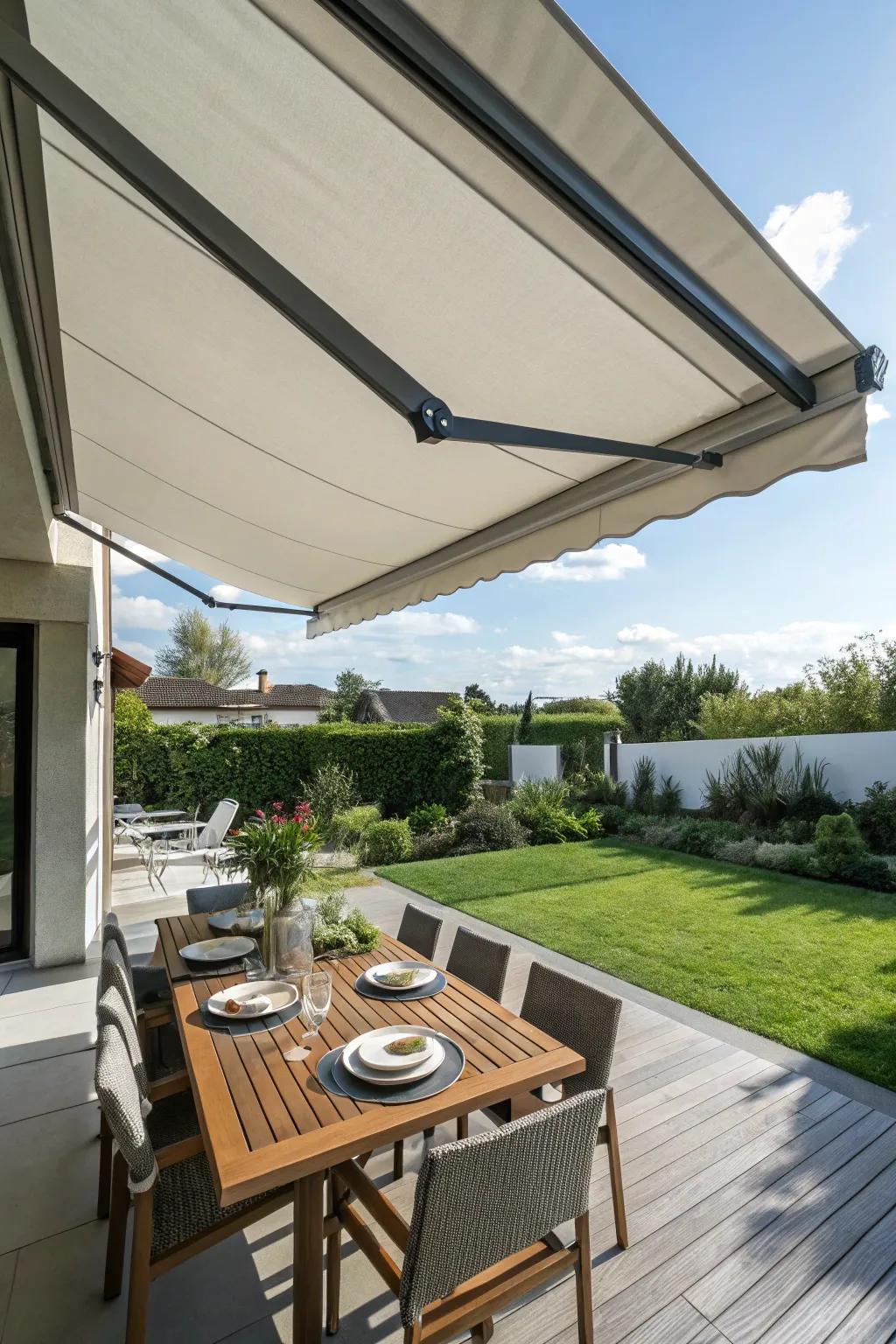A retractable awning offers versatile shading.