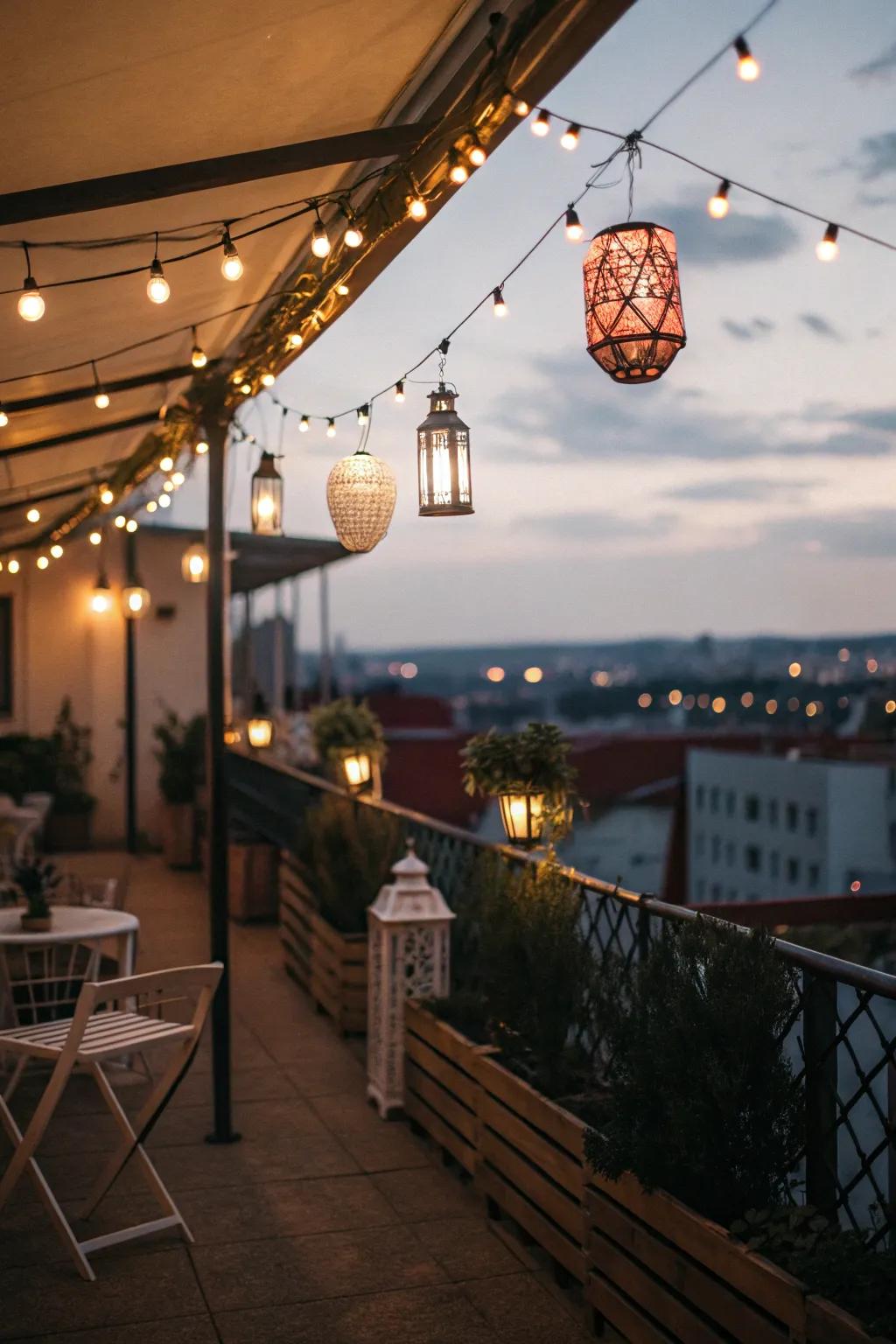 Ambient lighting transforms this terrace.