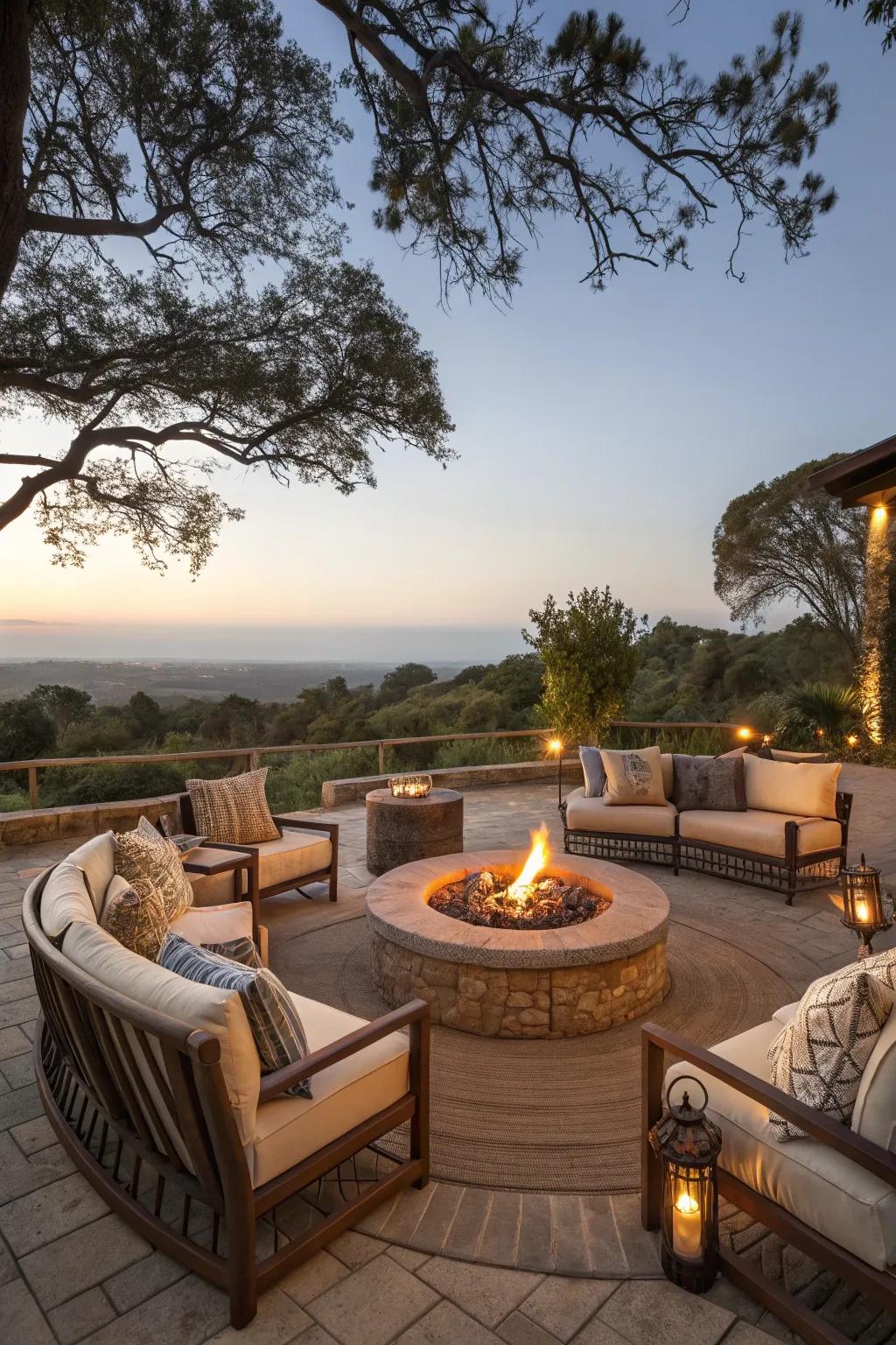 A fire pit adds warmth and ambiance.