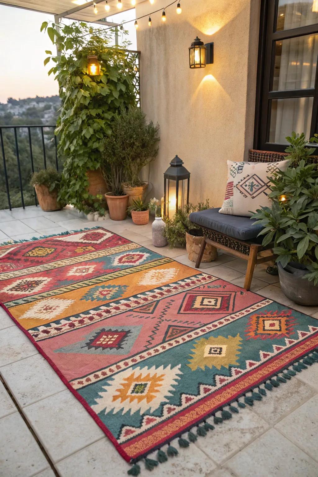 An outdoor rug ties the terrace together.