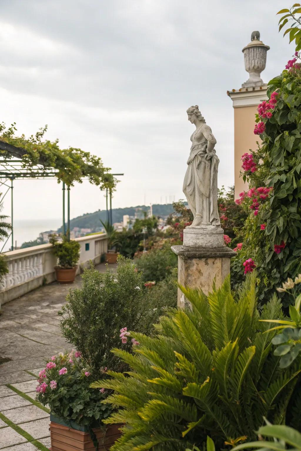 A sculpture adds artistic flair to the terrace.