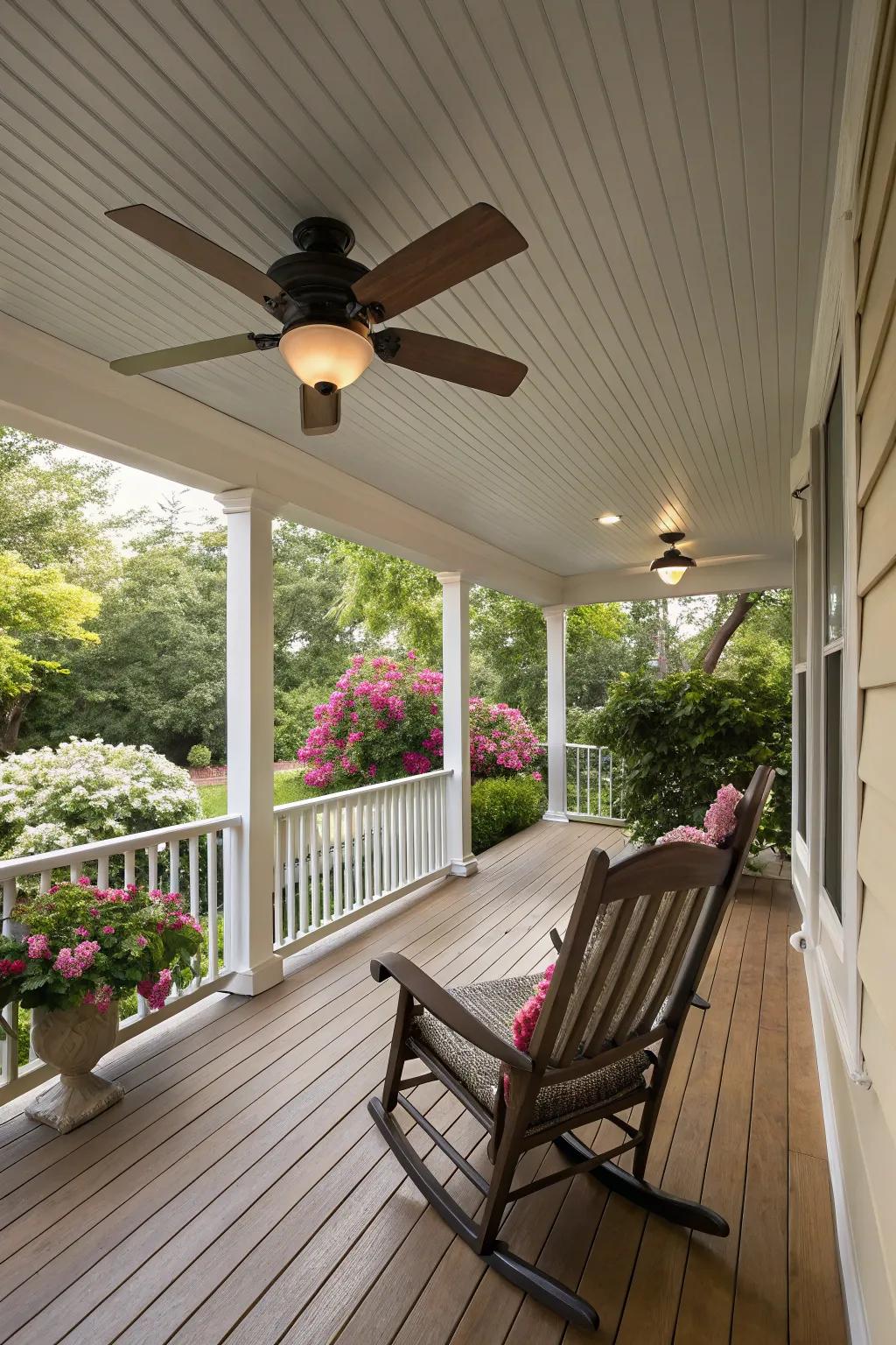 An integrated ceiling fan adds comfort to this beadboard porch ceiling.