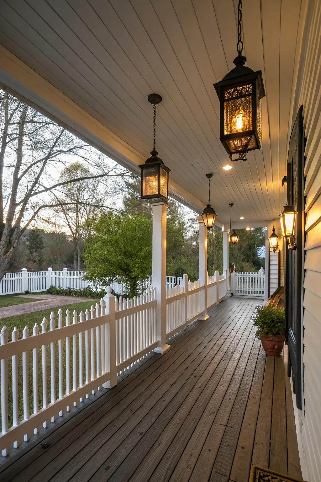 Vintage lantern fixtures add a nostalgic touch to the beadboard ceiling.