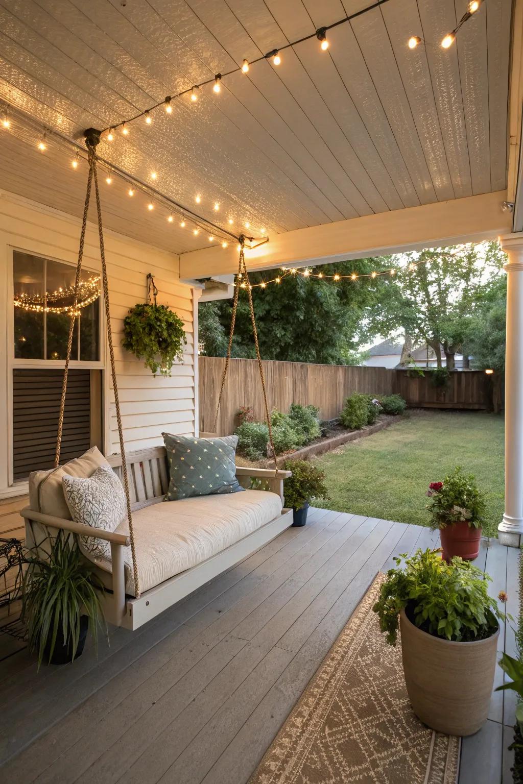 A cozy porch swing accentuates the beadboard ceiling's charm.