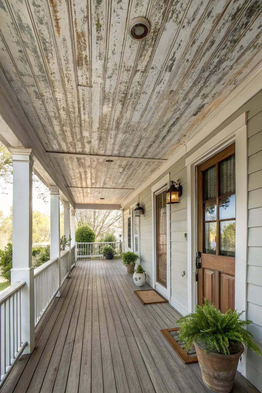 A weathered texture beadboard ceiling adds rustic charm.