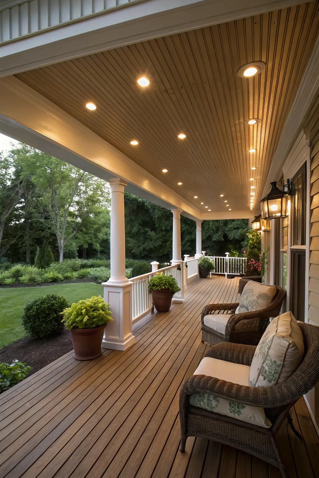 Recessed lighting enhances the modern appeal of this beadboard ceiling.