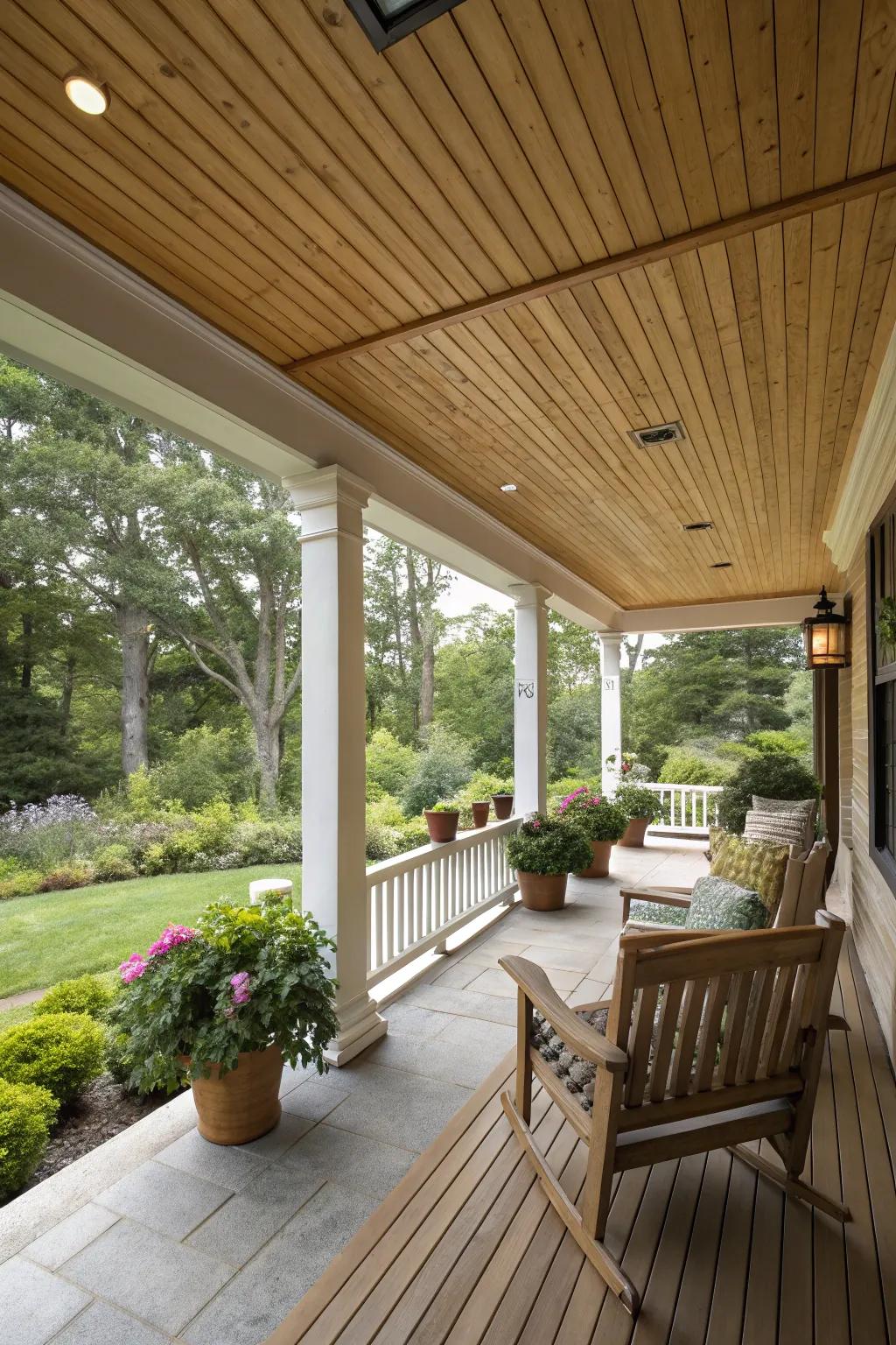 A natural wood finish beadboard ceiling complements this garden-view porch.
