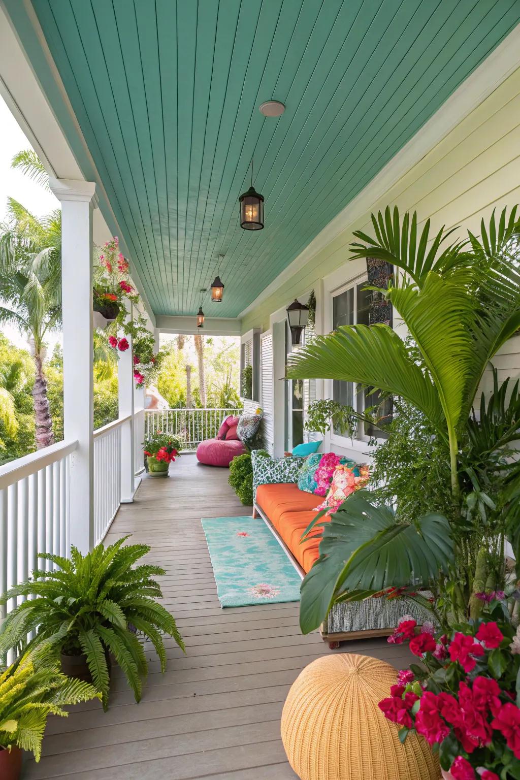 A vibrant beadboard ceiling brings tropical vibes to the porch.
