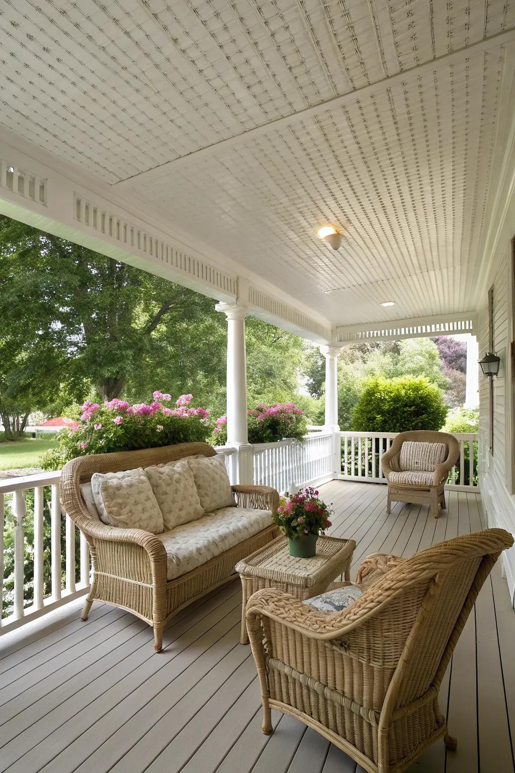 A classic white beadboard ceiling enhances this porch's elegance.