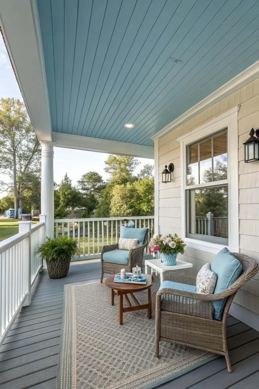 A sky blue beadboard ceiling brings a calming effect to this inviting porch.