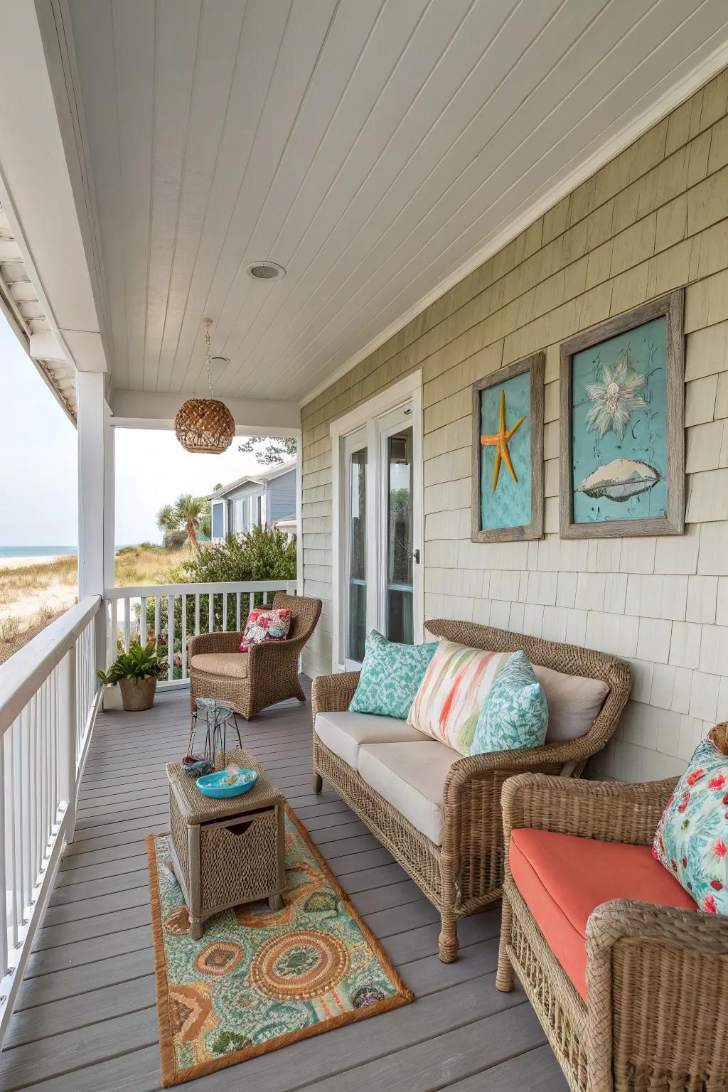 A light-colored beadboard ceiling gives this porch a beach house vibe.