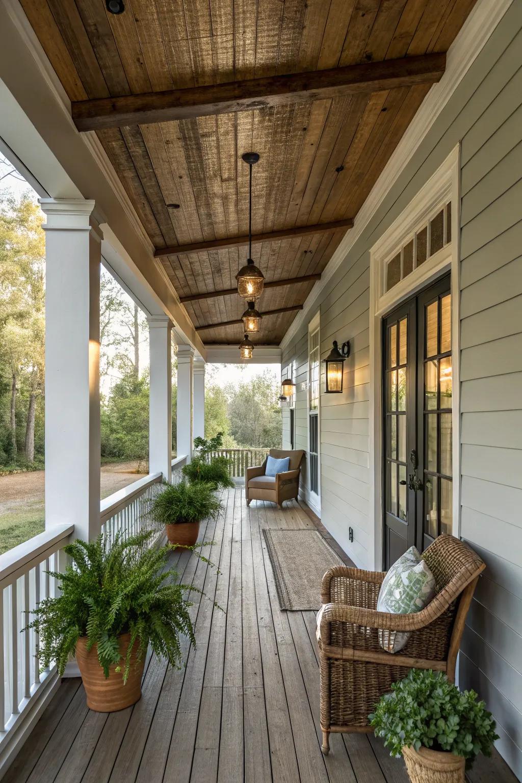 Rustic exposed beams complement the beadboard ceiling for a farmhouse look.