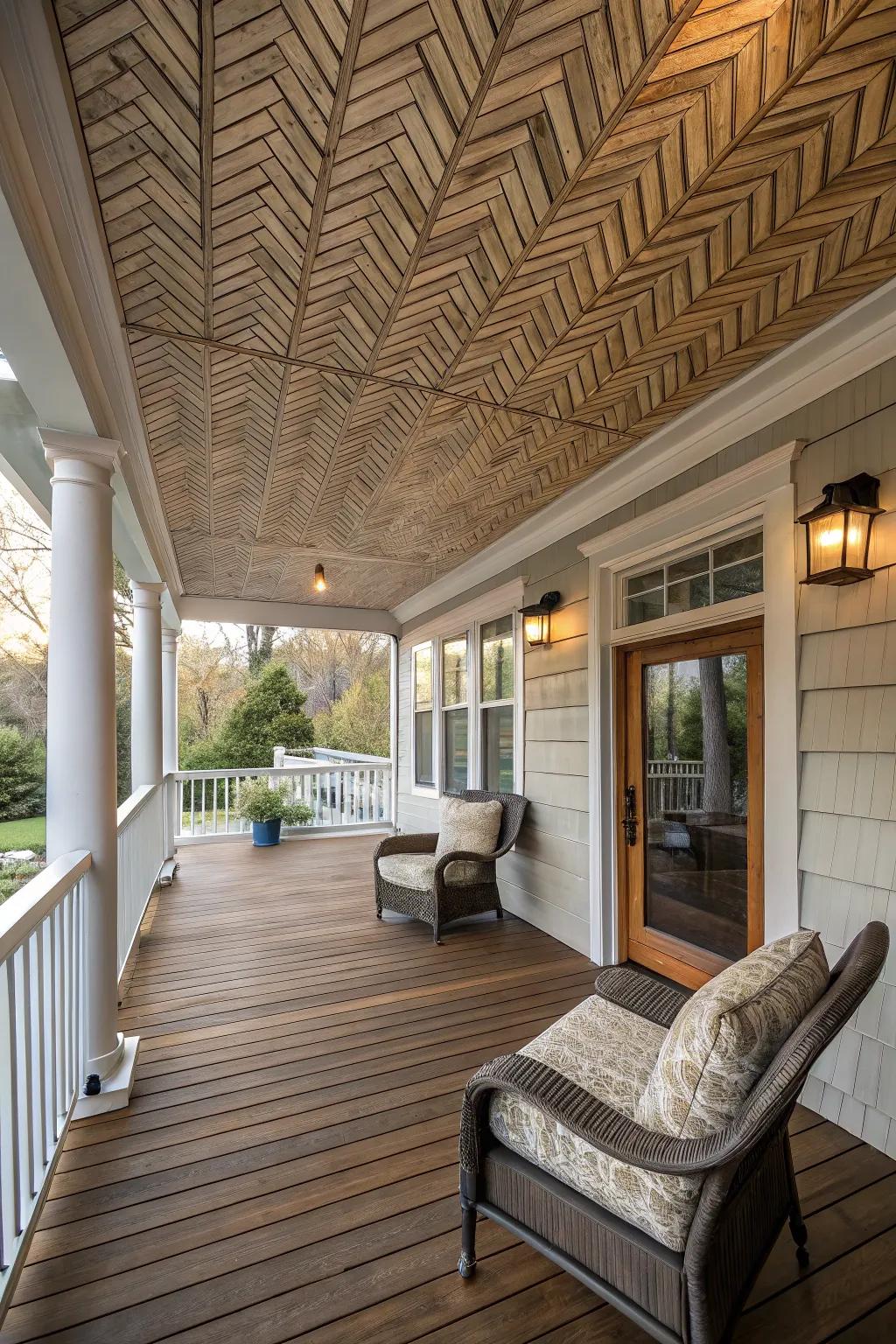 A herringbone pattern beadboard ceiling creates a stunning focal point.