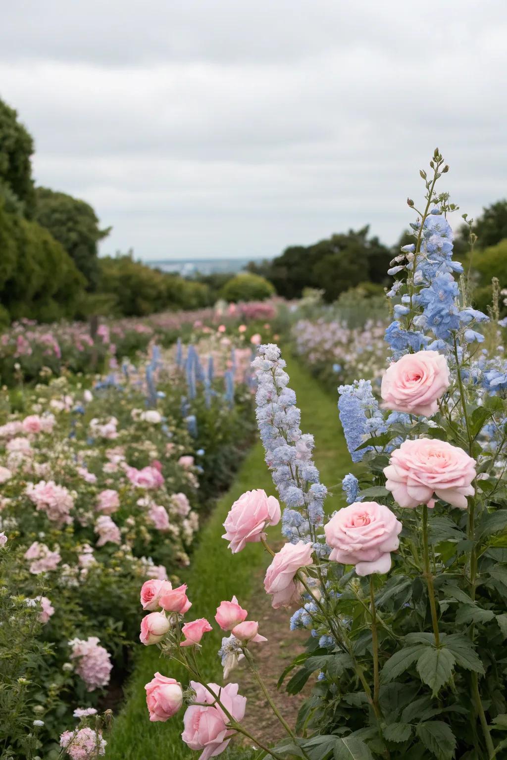 A gentle and romantic garden with soft pastels like light pink and pale blue.