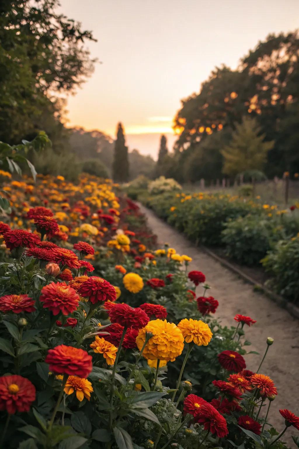 A garden that feels like a perpetual sunny day with a warm spectrum of reds, oranges, and yellows.
