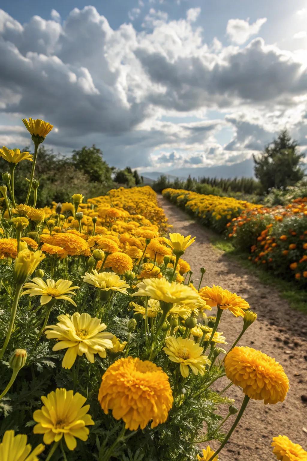 A garden filled with sunny yellows, featuring cheerful daisies and marigolds.