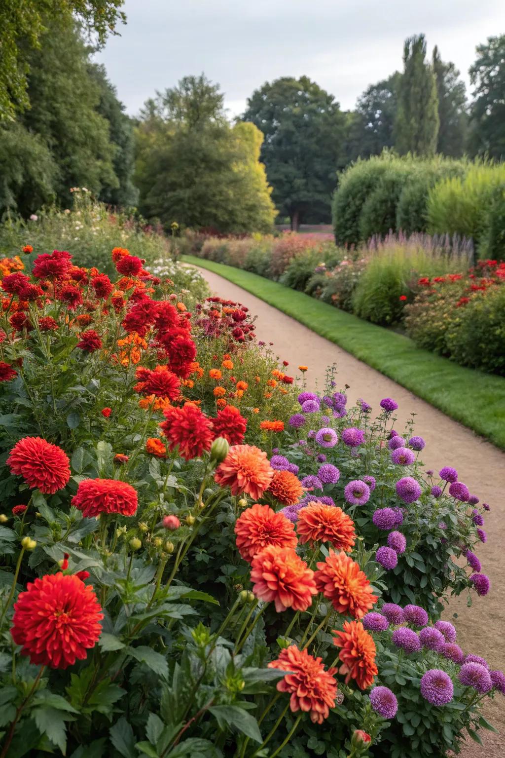 A bold and beautiful garden filled with vibrant reds, oranges, and purples.