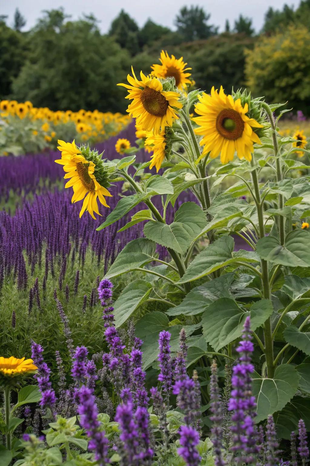 Complementary colors like yellow and violet bring energy and vibrancy to a garden space.