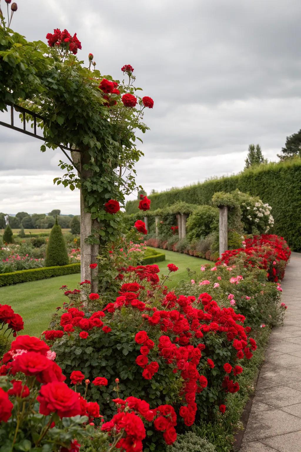A romantic garden with various shades of red, including roses and geraniums.