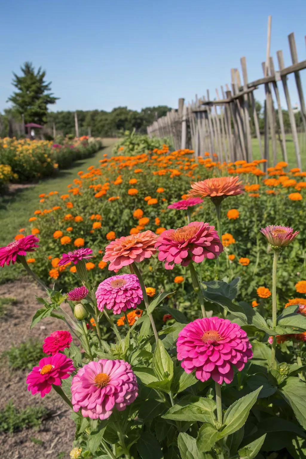 An eclectic garden with unexpected color combinations like pink zinnias and orange marigolds.
