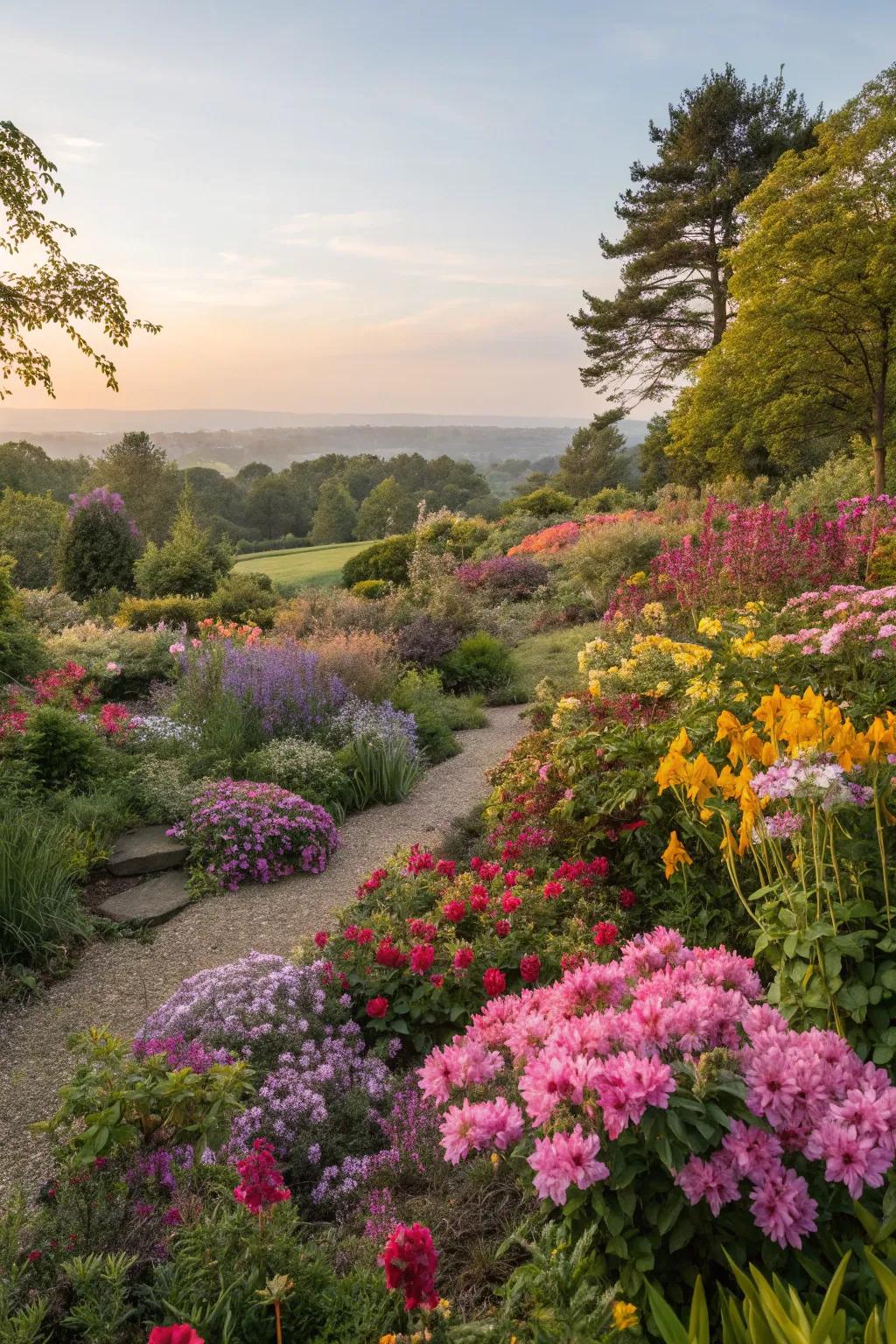 A lively garden featuring a vibrant variety of colors and textures.