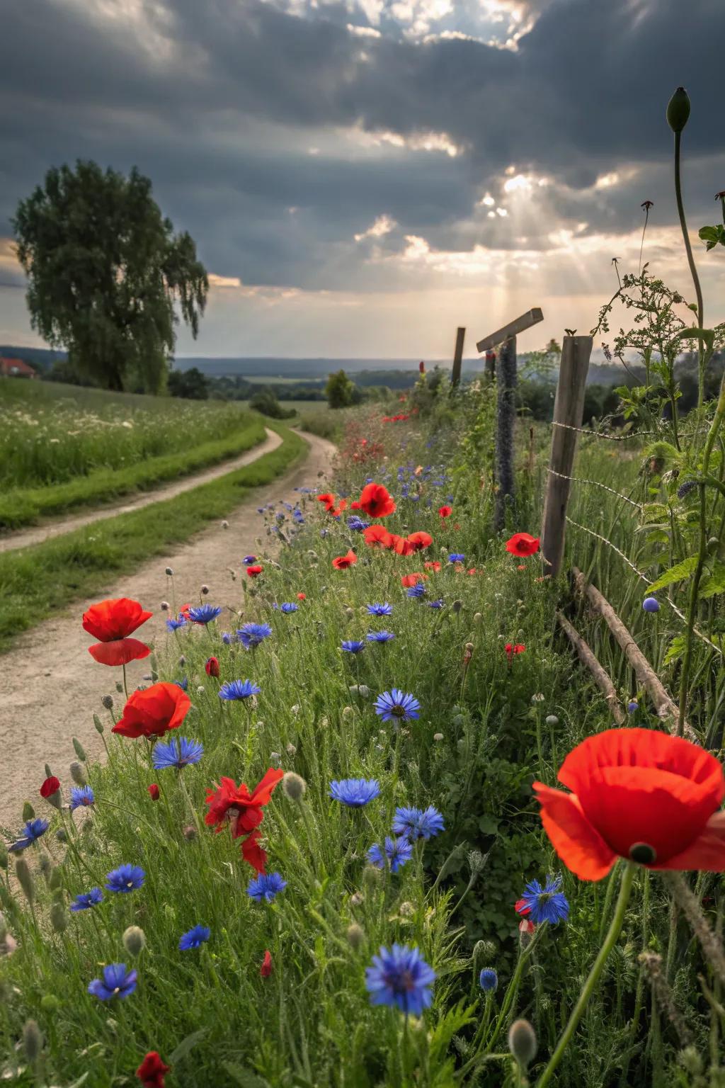 An artistic garden with bold contrasts like red poppies and blue cornflowers.