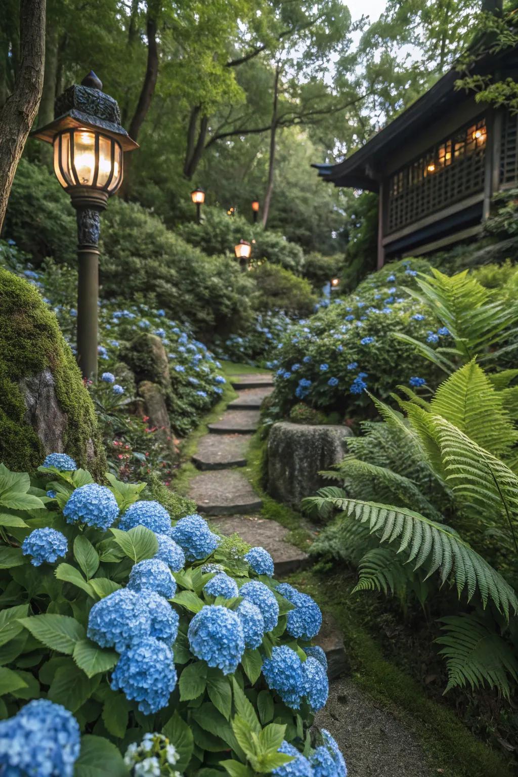 Cool blues and greens create a tranquil retreat in this serene garden setting.