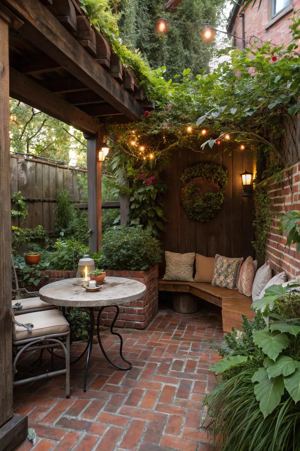 Brick-look tiles provide warmth and texture to cozy garden nooks.