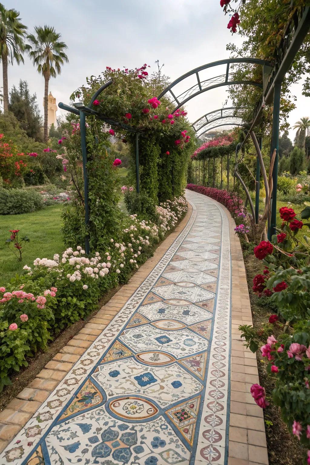 Arabesque tiles bring exotic allure and movement to garden paths.