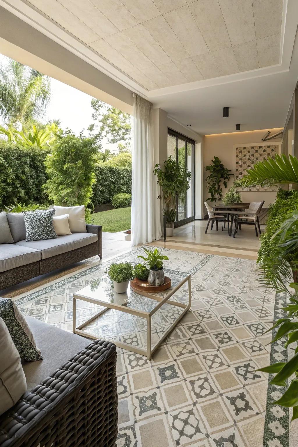 Achieve seamless indoor-outdoor flow with continuous tile patterns.