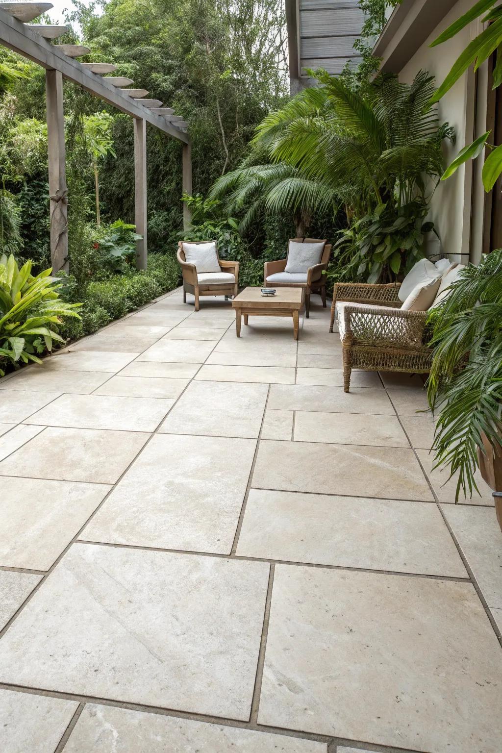 Large format tiles create a seamless, expansive patio look.