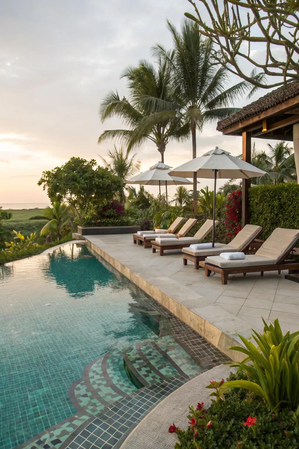 Glass tiles add glamour and sparkle to any poolside retreat.