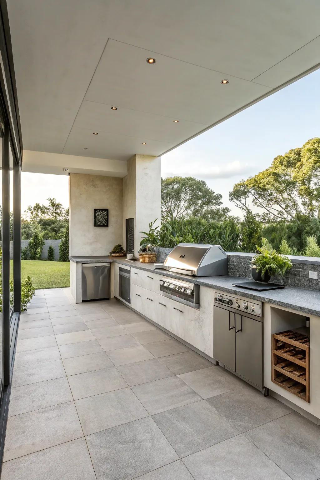 Cement-look tiles bring urban appeal to modern outdoor kitchens.