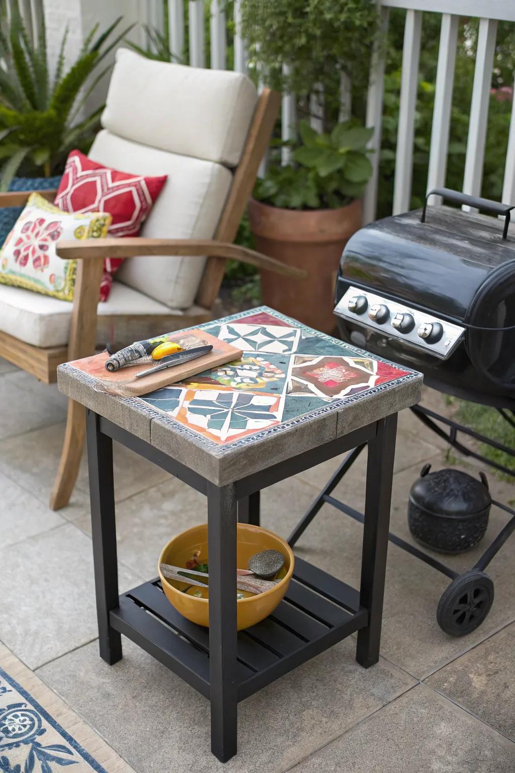 A tile top side table brings color and charm to your BBQ space.