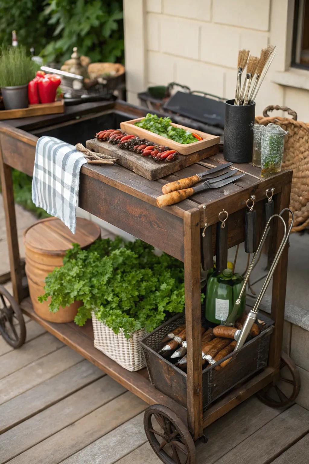 A vintage cart turned side table adds character to your BBQ area.